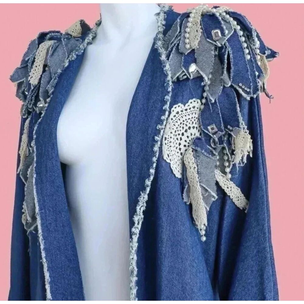 Denim Maxi Duster Coat Patchwork Boho Western Festival Fringe Rare Large - Picture 2 of 6